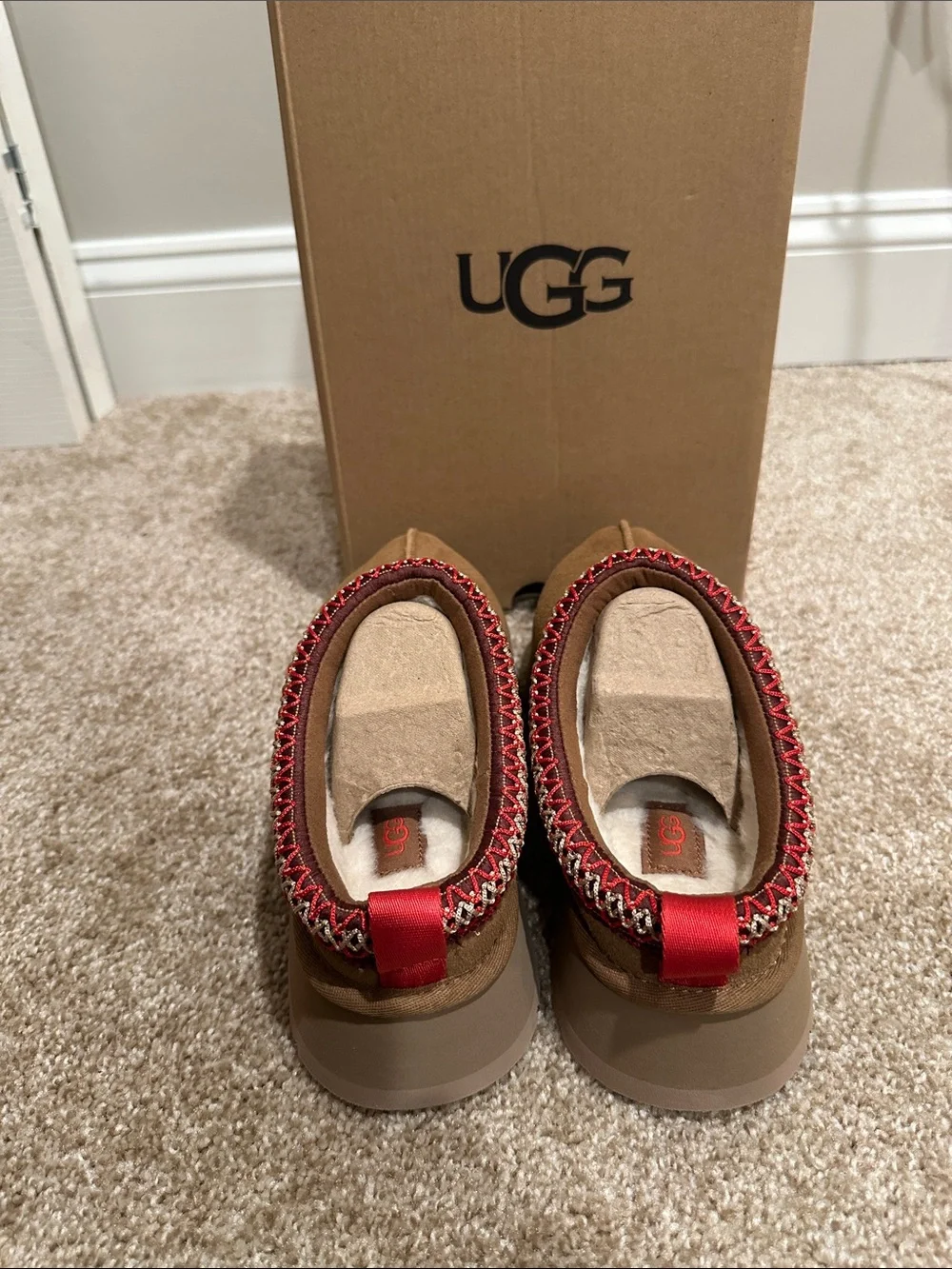 UGG Chestnut Suede Slip-On Mules with Red Accent